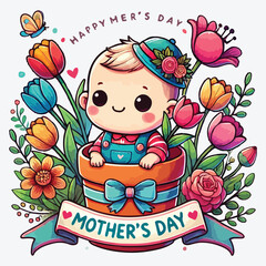khalema-4Mother's Day Cute Baby In Pot And Holding Tulip stock illustration