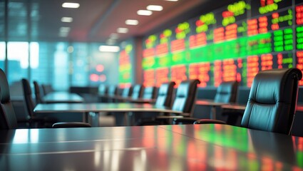 Trading floor with empty chairs and electronic stock displays during market hours in a modern financial district