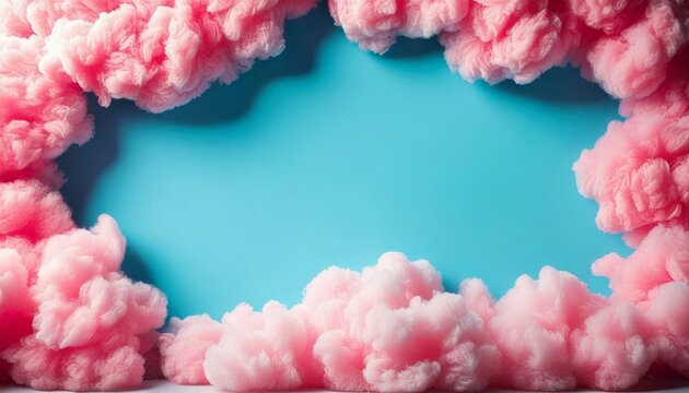Fundo azul com nuvens de algod&atilde;o doce rosa suave - Generated image