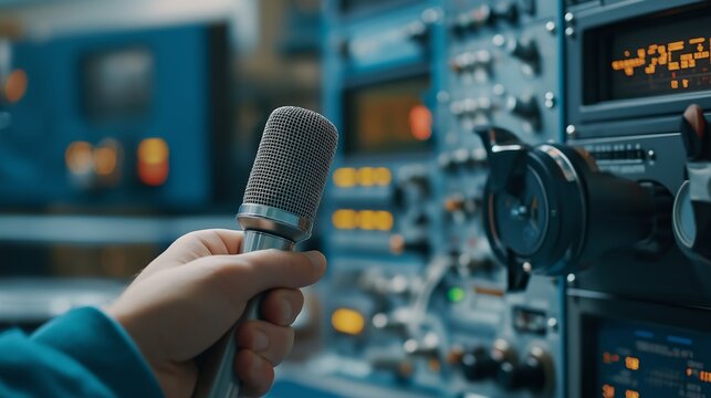 Holding a microphone in a control room during a live broadcast event with various equipment in view