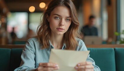 Millennial woman sits in cafe reading letter, opening envelope. Lady receives test results, bank notice, news from friends, new job offer. Serious emotion, reading correspondence alone.