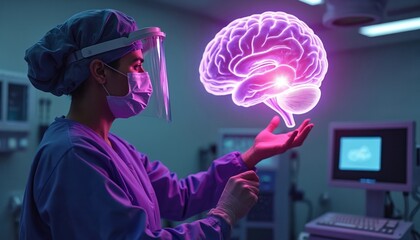 Surgeon in mask gestures to holographic brain projection in operating room. Futuristic tech in medical healthcare. Innovation in neurosurgery, virtual diagnostics, neural research on screen. Modern