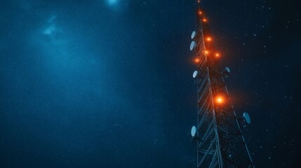 Communication tower illuminated at night against a starry sky with vibrant lights and atmospheric clouds