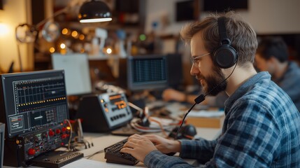 Technician works on audio equipment in a modern studio during the evening