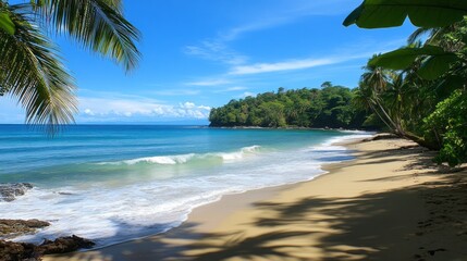 Waves gently lap against the shoreline as lush greenery frames a beautiful tropical beach. The vibrant blue sky enhances this serene coastal escape, inviting relaxation and adventure.