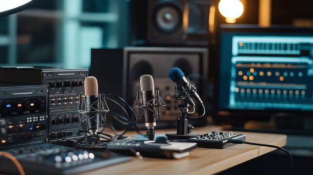 Recording studio setup with microphones, audio equipment, and computer screen during evening hours