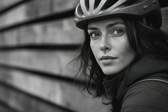 A young woman with freckles, wearing a cycling helmet, looks intently towards the camera, standing by a wooden wall.
