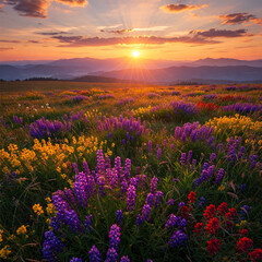 Obraz premium A breathtaking sunset over a vibrant wildflower field, with golden sunlight casting a warm glow. Rolling hills and distant mountains add depth, creating a peaceful and scenic natural landscape