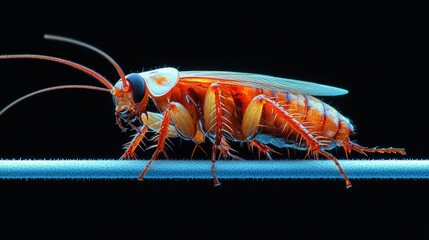 Close-up of a vibrant orange insect on a thin blue thread against a dark background