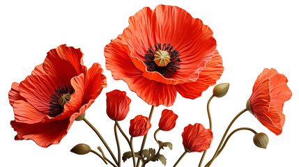 Red Poppies Bouquet Elegant Botanical Design, Blooming Flowers for Nature Themes, isolated on transparent background.