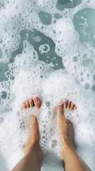 Feet in the bath, with bubbles all over the feet and legs, warm lighting and natural light.
