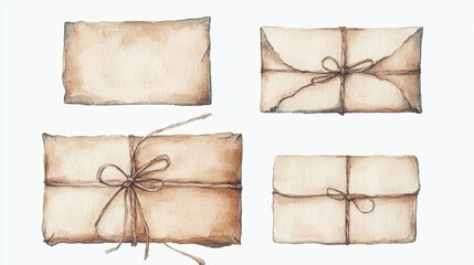 Vintage Watercolor Illustration of Wrapped Packages and Envelopes