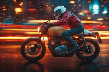 Fototapeta premium A motorcyclist on a sports bike races along a city street.