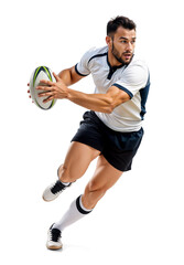 Rugby player skillfully evading an oncoming tackle