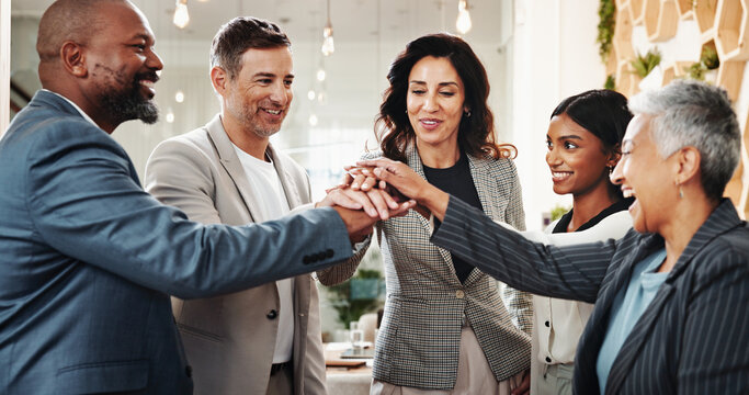 Hands together, business people and stack in office, team building and property consultants. United, about us and group of realtors in workplace, huddle motivation and support with real estate goals