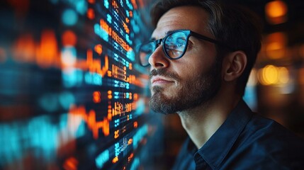Focused man in glasses analyzing digital data on a glowing screen in a modern workspace