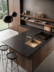 A modern kitchen with black countertops, wooden details, and decor.