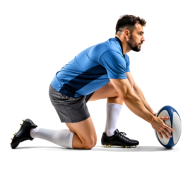 Male rugby player putting a rugby ball on the ground for a kick
