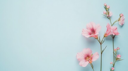 Delicate pink flowers on pastel background with copy space for March 8, International Women's Day