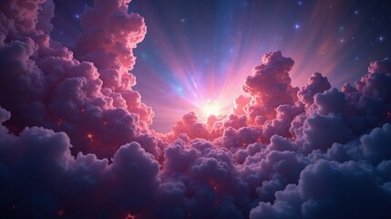 A colorful, dense nebula expanding like a celestial storm, swirling clouds of ionized gas illuminated by newborn stars, blending vibrant purples, pinks, and deep blues.