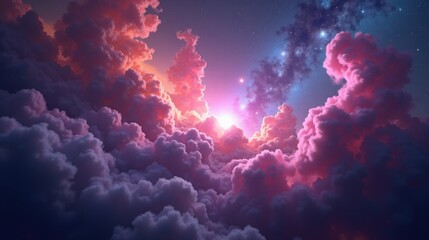 A colorful, dense nebula expanding like a celestial storm, swirling clouds of ionized gas illuminated by newborn stars, blending vibrant purples, pinks, and deep blues.