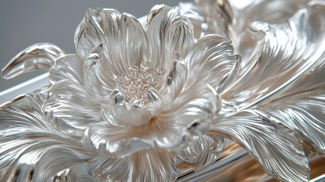 Ornate silver flower detail, close-up, elegant design, background of decorative box