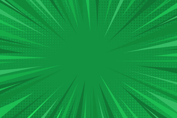 Green superhero comic background. Manga pop art halftone style background. Speed lines anime design