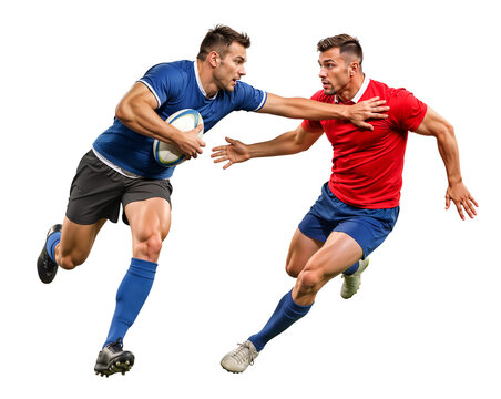 Two Rugby players competing for ball control in action on isolated background