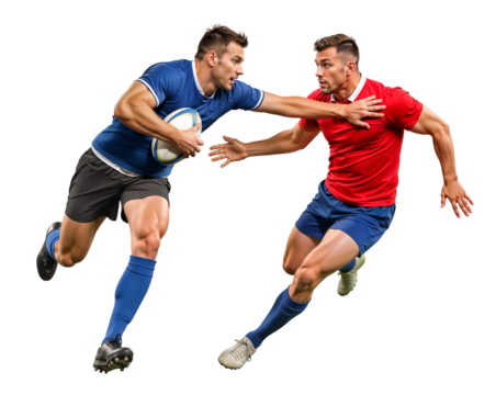Two Rugby players competing for ball control in action on isolated background