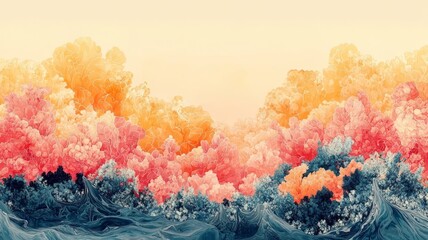Fototapeta premium Vibrant abstract landscape with colorful clouds and waves, evoking a sense of tranquility and creativity, perfect for modern decor and artistic projects.