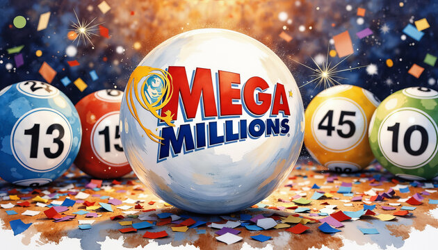 Vibrant Mega Millions lottery ball with confetti background, festive excitement