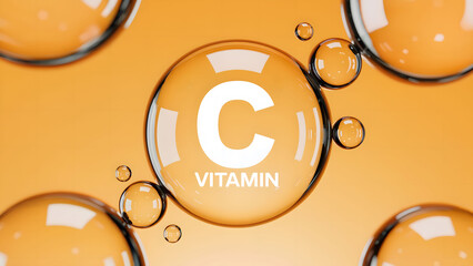 3D Render of a Glowing Vitamin C Molecule with Transparent Bubbles on an Orange Background