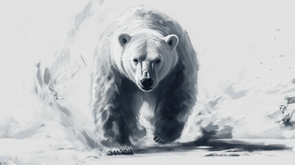 Monochrome digital painting of a polar bear charging forward in a snowstorm

