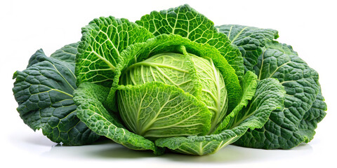 Fototapeta premium A vibrant green cabbage with tightly packed leaves sits against a clean white background, highlighting its freshness and texture. The lush greens emphasize the vegetable's health benefits