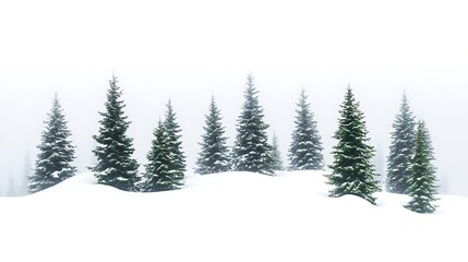 A serene alpine forest covered in fresh snow, with vibrant green fir trees standing out against the white backdrop
