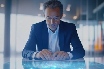 A businessman attentively examines a holographic display on a futuristic table, immersed in digital data analysis.