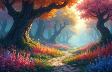 Fototapeta premium Enchanted forest in fantasy land with vibrant multicolored flowers, trees. Path leads through peaceful landscape. Magical nature concept. Generative AI art, fairy tale scenery, dreamlike woodland.