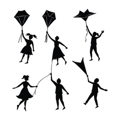 bundle set silhouettes of people with flying balloon