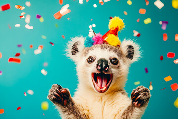 Fototapeta premium Excited Lemur Celebrating with Confetti