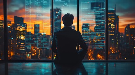 Business professional gazing at city skyline during sunset, with digital data overlay in background