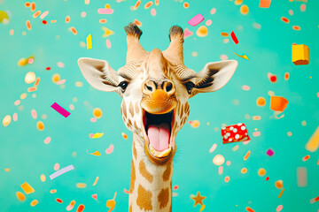 Naklejka premium Happy Giraffe Celebrating with Confetti