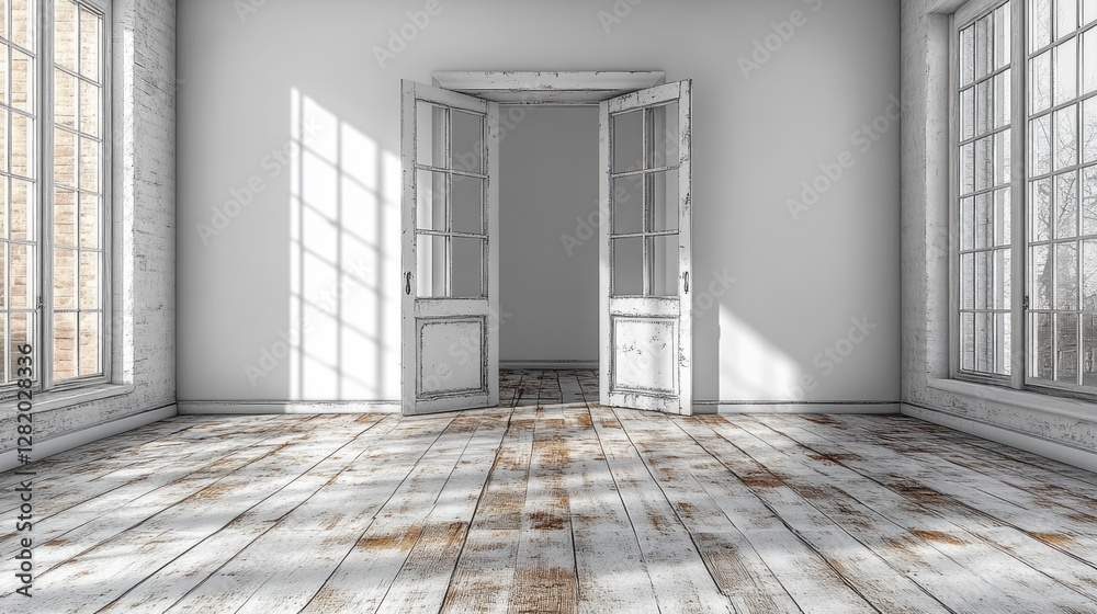 Poster an inviting open door reveals a bright, tranquil space where soft sunlight dances on a weathered woo