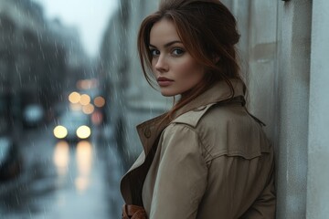 A woman in a trench coat looks back over her shoulder in the rain.