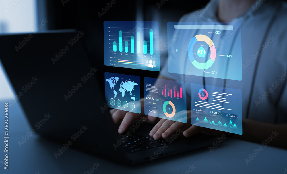 Poster Businessman using KPI dashboard.Financial business data analytics graph dashboard. Management data System KPI connected in database for follow earnings,operations and sales data.	