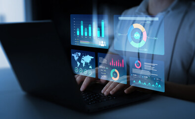 Businessman using KPI dashboard.Financial business data analytics graph dashboard. Management data System KPI connected in database for follow earnings,operations and sales data.	