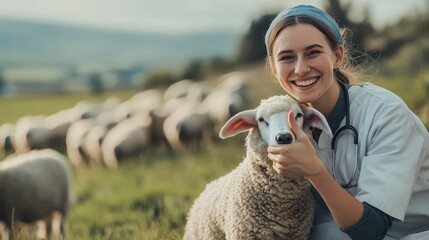Veterinarian smiling while examining a sheep in a field
