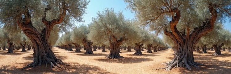 Panorama of aged olive trees plantation on Crete island, Greece, Europe. Twisted tree trunks, roots and branches. Scenic mediterranean landscape with old olive grove, blue sky.