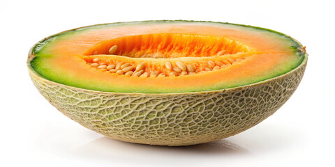 A halved cantaloupe showcases its sweet orange flesh and tiny seeds, highlighting its textured green skin. This fruit is often enjoyed fresh or in salads