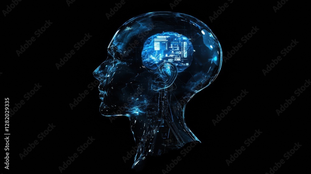 Leinwandbilder Side profile of human head revealing mechanical structures and glowing robotic eye with futuristic design elements. Generative AI