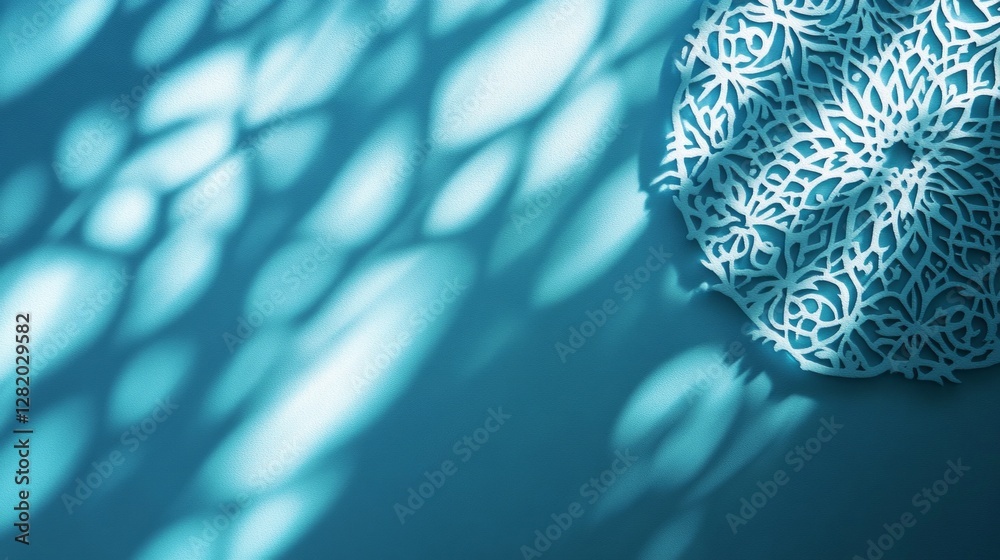 Poster delicate lacework lies against a peaceful light blue backdrop, creating captivating shadow patterns 